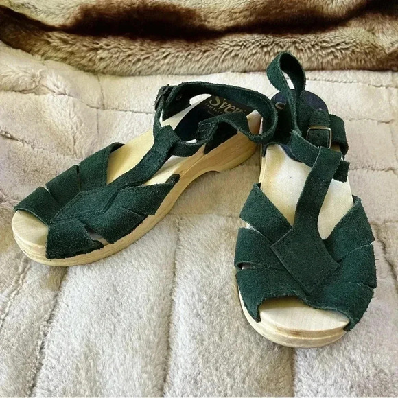Sven Diamond Strap Clogs Forest Green Suede Open Toe Low Heel Sandals - 39 - Picture 2 of 13